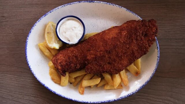 Top view of traditional crispy fish and chips with tartar sauce