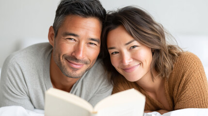 Fototapeta premium Authentic diverse couple relaxing in home bedroom with book
