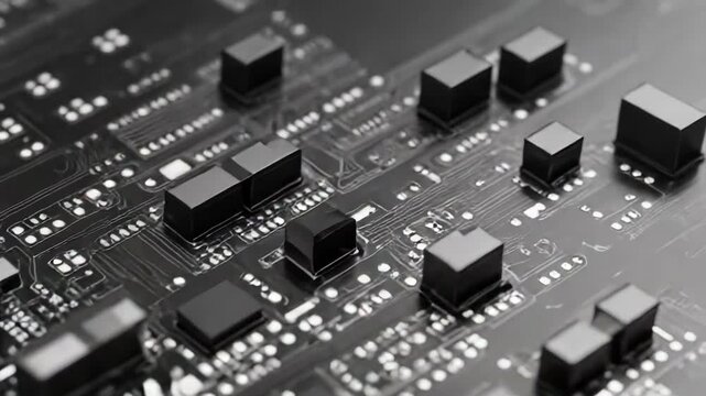 Electronic circuit board details showcasing microchips, capacitors, and resistors on a pcb, representing advanced computer hardware, connectivity, and data processing