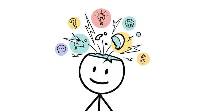 Stick figure with exploding head and creative ideas symbols, concept of brainstorming, mental overload and inspiration.