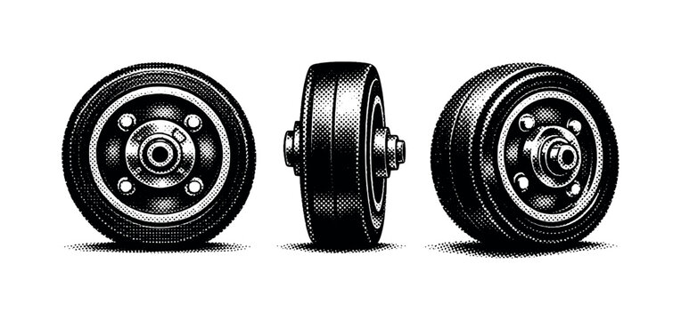 Industrial caster wheel. A heavy-duty industrial caster wheel with thick rubber tire and central metal hub shown as a single object in three views: front view,