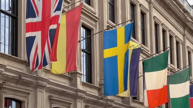 This features a row of national flags hanging from a historic building in a bustling city. The flags represent various European countries and are gently swaying in the wind. The building's stone