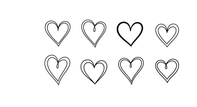 Eight simple black and white heart shapes displayed in two rows showcase different line styles and thicknesses.