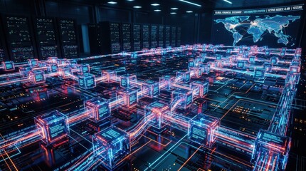 Fototapeta premium A blockchain network expands across a vivid blue and red data field, glowing block structures and binary streams forming a secure distributed system of global finance and digital exchange,