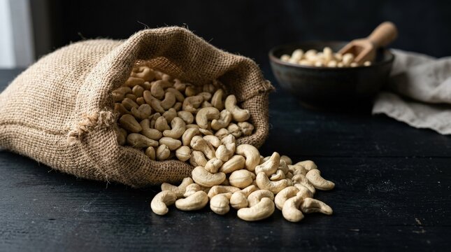 Raw cashew nuts displayed in a natural burlap sack on a dark matte black table, warm cream-colored kidney-shaped kernels spilling gently over the sack edge, rich organic texture contrast between rough