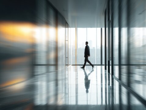 executive walking office hallway on a blured office background with natural sunlight