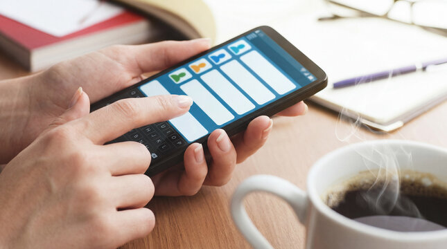 A woman&rsquo;s hands checking her contact list on a smartphone and a steaming cup of fresh coffee on the table.