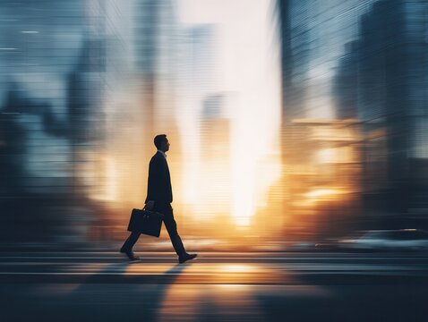 corporate man walking city on a blured office background with natural sunlight