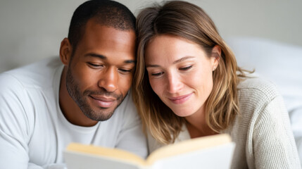 Fototapeta premium Relaxed couple reading together in cozy bedroom setting