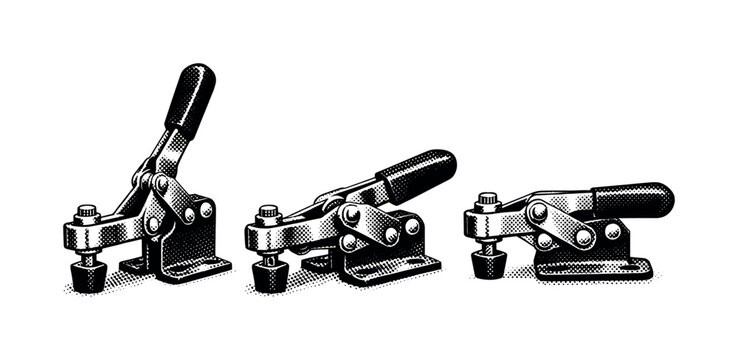 Toggle clamp mechanism. A metal toggle clamp with pivoting linkage and locking handle displayed in three views showing open, locked, and side positions