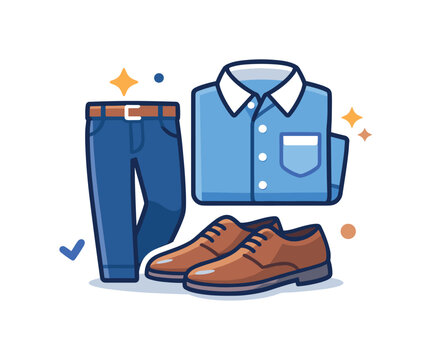 Smart casual outfit coordination showing shoes, trousers and a shirt arranged into a cohesive style badge that reflects effortless dressing. A clean and modern