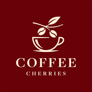 Elegant coffee logo design featuring a cup with a coffee cherry branch and beans, creative organic cafe emblem on a deep red background.