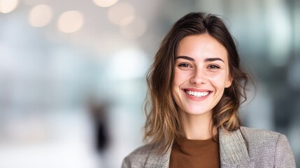 Fototapeta premium happy employee isolated background with blured businessbackground and natural sunlight