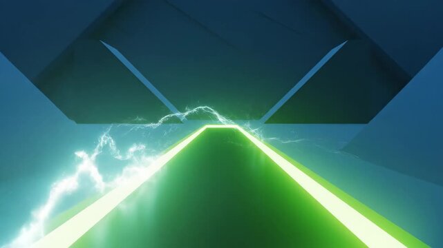 A vivid green neon slot glows against a dark blue abstract background in a simple, minimalist geometric wallpaper composition.