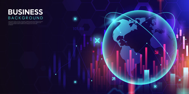 Abstract futuristic business background with globe, financial charts, stock market graphics and data visualizations. Global finance banner. Vibrant neon colors on dark backdrop. Vector illustration.