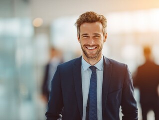 Fototapeta premium professional man suit smiling on a blured office background with natural sunlight