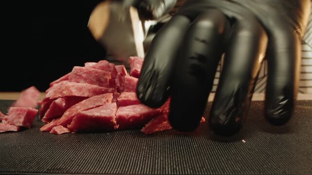 Close up gloved hands chopping ham into heaping pile, cleaver rhythm and fast tempo. Busy kitchen energy with sizzling station feel, efficient workflow for service, seasoning and portioning ready