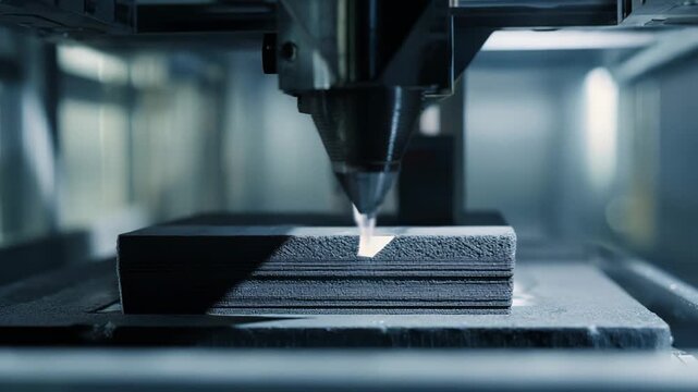 Close up of a sophisticated industrial laser machine fabricating a metal object using additive manufacturing technology in a modern production facility, highlighting precision and high technology