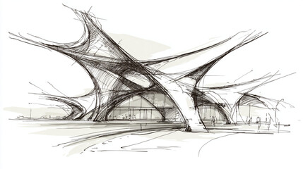 Obraz premium Futuristic Building Design Sketch With Curved Lines On White Background For Architecture Concepts