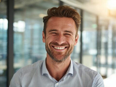 corporate man friendly smile on a blured office background with natural sunlight