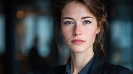 Fototapeta premium female professional serious focused with blured businessbackground and natural sunlight