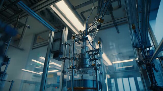 Bioreactor apparatus mixing a blue colored liquid, carrying out advanced biotechnology research and development processes in a modern scientific laboratory setting for innovation