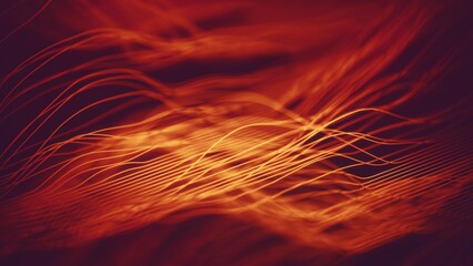 3D rendering with selective focus of glowing abstract red-yellow threads moving in waves, like digital mountains or data charts on a dark background. Macro shot with soft blur. Vibrant energy flow.