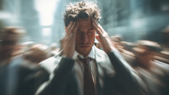 corporate man deadline stressed with blured businessbackground and natural sunlight