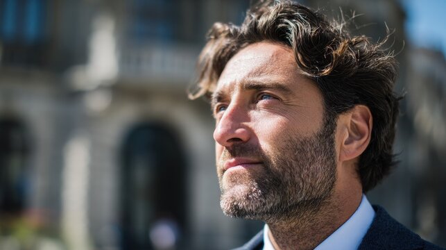 executive man outdoor thinking with blured businessbackground and natural sunlight