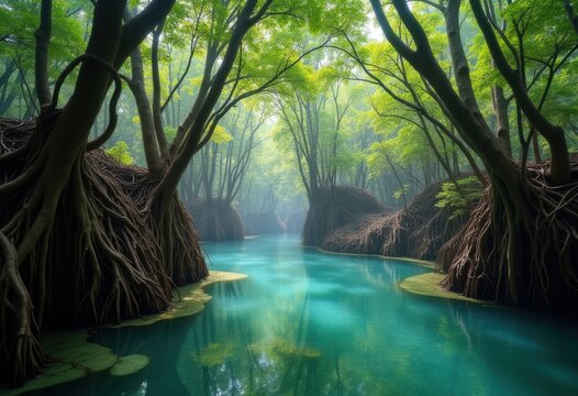 Intricate Twisted Root Systems in Mangrove Swamp Under Crystal-Clear Waters