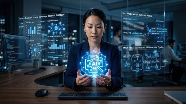 A businessperson at a modern corporate workspace holding a glowing holographic AI document search icon, semantic enterprise internal knowledge retrieval dashboards and text article vector matching