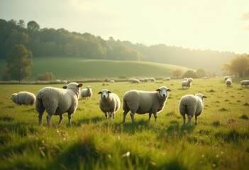 Obraz premium Pastoral Green Pastures Grazing Sheep Peaceful Countryside Charm Serenity
