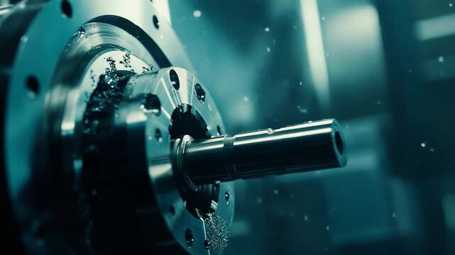 Modern cnc automatic lathe machining a metal shaft, creating precise components with metal chips flying off, highlighting industrial technology and automated production processes