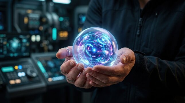 A glowing digital sphere held in human hands, soft illumination and smooth reflections creating a futuristic composition, cinematic lighting, ultra-realistic, captured with Canon EOS R6, 50mm lens,