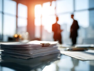 Fototapeta premium executive duo discussing documents on a blured office background with natural sunlight