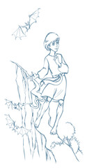 Obraz premium Vector drawing. Young boy going through dangerous way