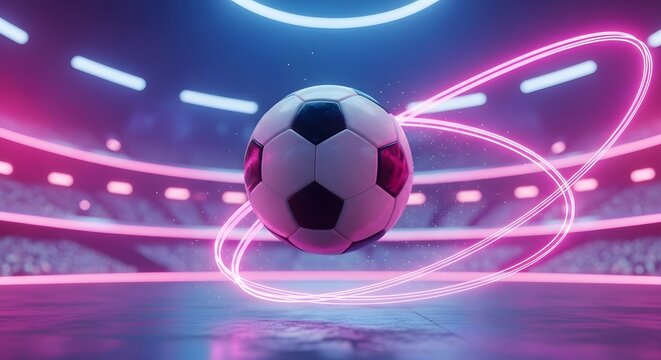 futuristic soccer ball in neon stadium with dynamic light trails