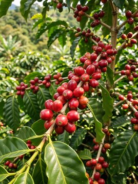 Ripe red coffee cherries growing on a branch with green leaves. Vertical close up of a fresh organic coffee plant on a tropical plantation