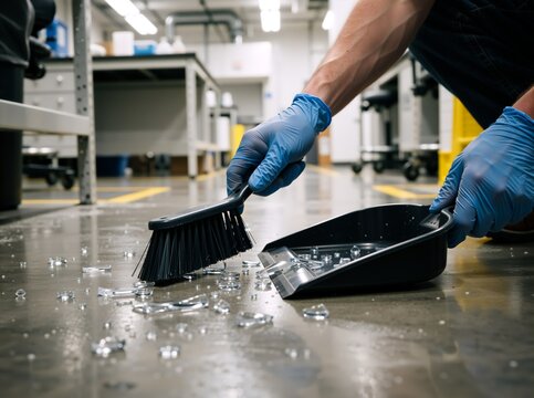 Person in blue gloves sweeping broken glass into a dustpan. Cleaning up a hazardous spill on a laboratory floor. Workplace safety and maintenance concept