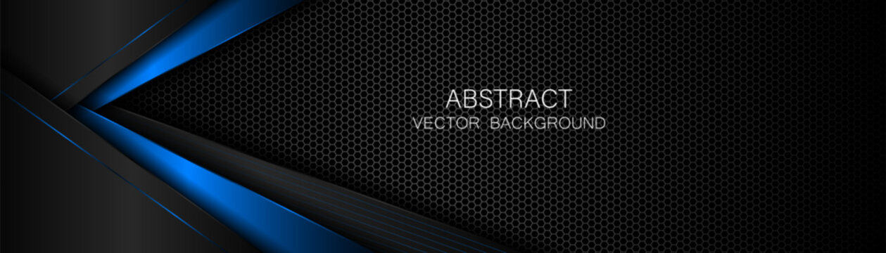 Abstract black and blue polygon with blue glow lines on dark steel mesh background 