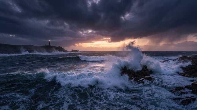 A stormy ocean at sunset with powerful crashing waves under a dark moody sky, deep blue water churning with foam and spray, dramatic clouds illuminated by faint warm light near the horizon, high