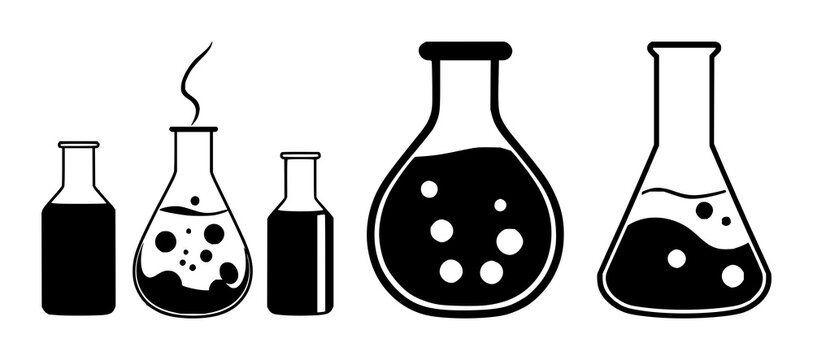 Lab beaker set with solid black icon on white background featuring chemical symbols, liquid, graduation marks with flask and solution