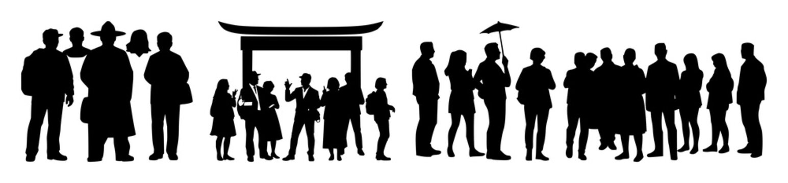 Guided tour group icon set with solid black icon on bright white background featuring travel, group, tour with guide and icon