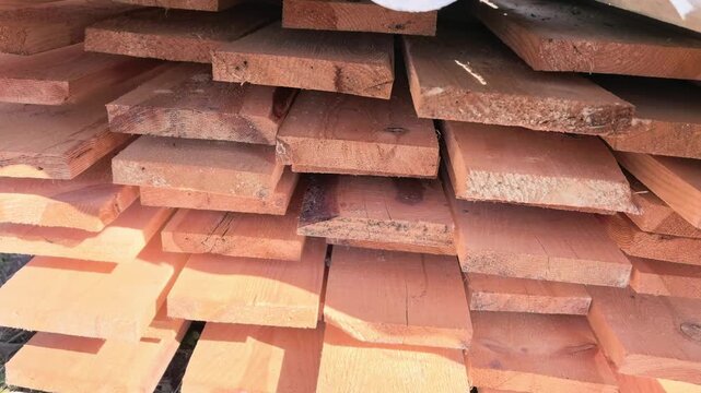 Lumber is stacked in neat rows on a construction site. The sunlight highlights the wood grain and texture, revealing the natural patterns.