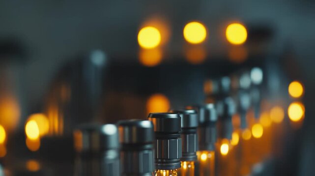 Vials containing a liquid medicine progress along an automated production line, highlighting industrial manufacturing, scientific research, and advanced biotechnology in a laboratory setting