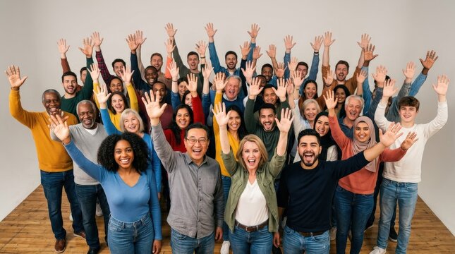 A large diverse group of people photographed from the front, all with arms and hands raised high, palms facing outward in an enthusiastic collective gesture, clean isolated studio background, varied