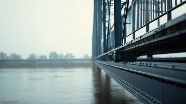 Massive metal bridge stretching over calm river at dawn, steel girders and rivets disappearing into mist, cool blue gray tones and peaceful industrial perspective