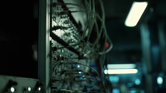 Digital data flowing through complex networking cables plugged into sophisticated server hardware, highlighting the intricate connections of modern technology infrastructure in a dark room