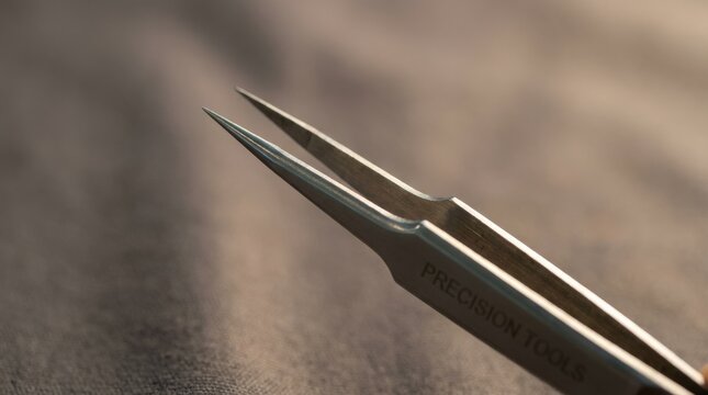 A pair of precision tweezers extends forward in sharp focus against a softly blurred neutral background, metallic tips reflect crisp highlights while shallow depth of field isolates the subject,