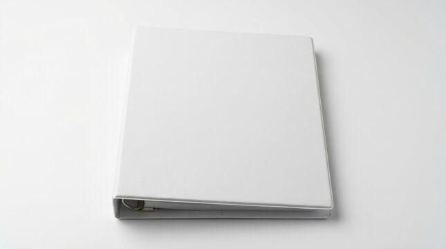 A closed ring binder folder with a blank cover on a white background, corporate office stationery with metal rings inside, minimal composition for document storage concept, soft studio lighting,